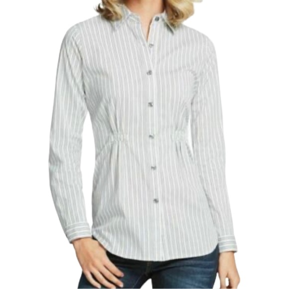 CAbi White Striped Waist Detail Button Down Blouse #974 M - Picture 1 of 11